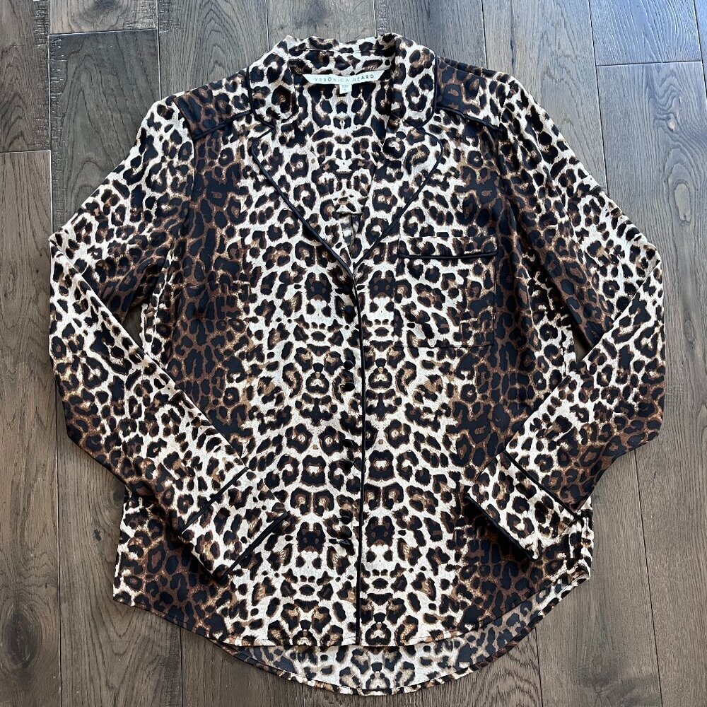 Veronica Beard Silk Pajama Lounge Top Animal Print Brown Beige Size 6 Button Up